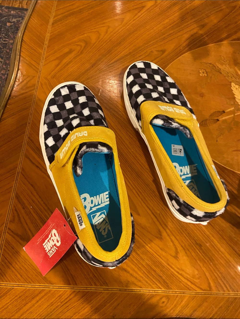 New with tag David Bowie Vans Yellow Slip-On Sneakers with Black & White Checker